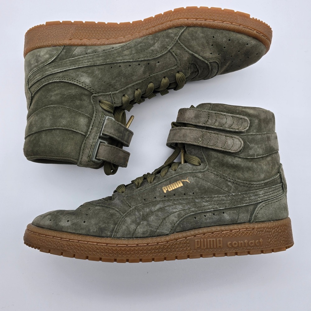 Puma Sky II Hi Olive Green Suede Gum Sole High Top Sneakers Women Gold Logo - Picture 4 of 6